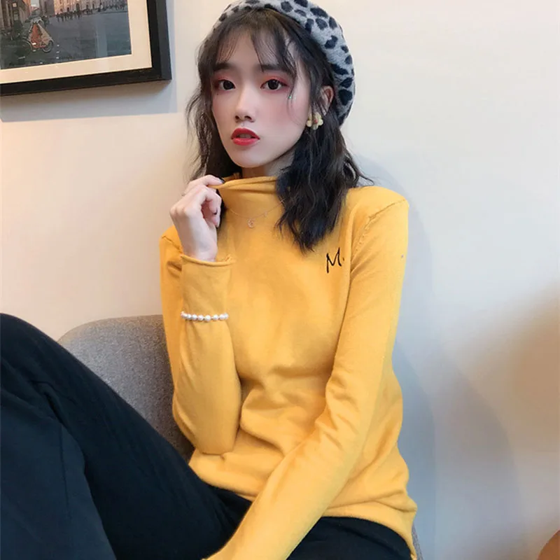 

New Sweater Female 2019 Autumn Student Cotton Padded Waistcoats Jumper Letter Half High Collar Knit Wild Bottoming Shirt C159