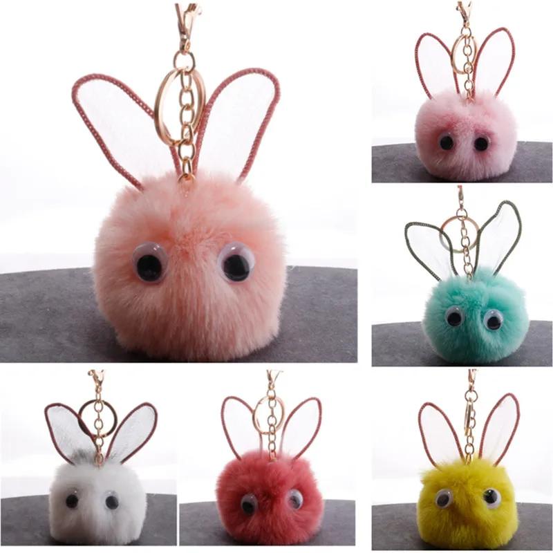 

10pcs/Lot New Pompom Key Chain Cute Bunny Ear Faux Rabbit Fur Ball Jewelry Pendant Women Bag Fluffy Decoration Plush Keychains