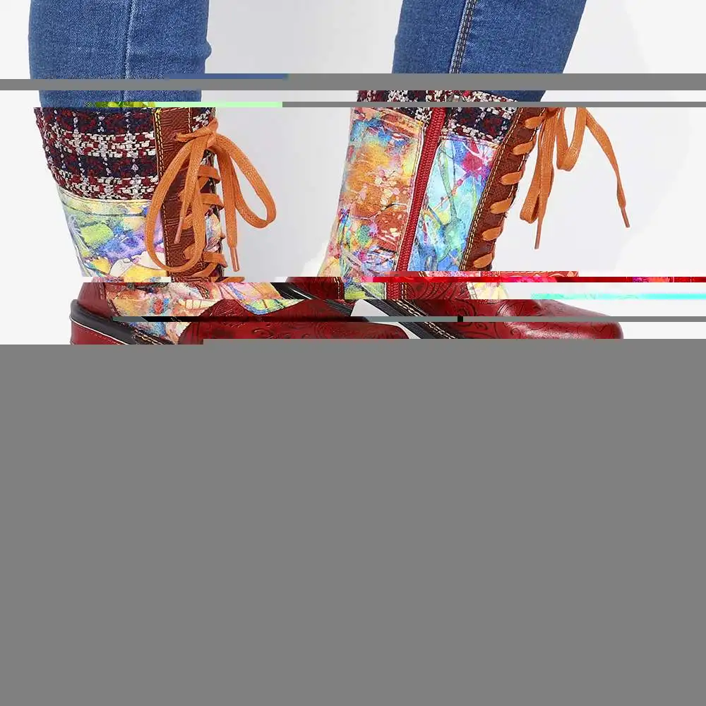 SOCOFY/ботинки из тисненой натуральной кожи; Botas mujer; сезон весна; ботинки до середины икры на плоской подошве со шнуровкой на молнии; женская зимняя обувь