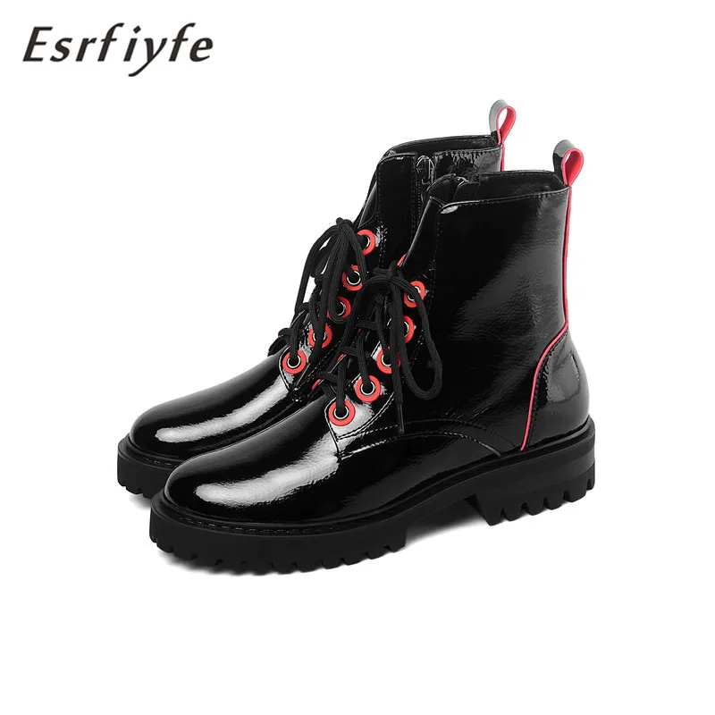 

ESRFIYFE Martin Boots Female 2020 Autumn New Microfiber Women Booties Lace Up Black Winter Women Ankle Shoes Thick Heel Shoes