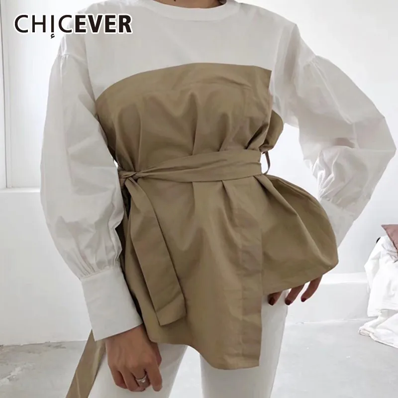 

CHICEVER Summer Casual Patchwork Hit Color Women's Blouse O Neck Lantern Sleeve High Waist Sashes Loose Female Shirt 2020 New
