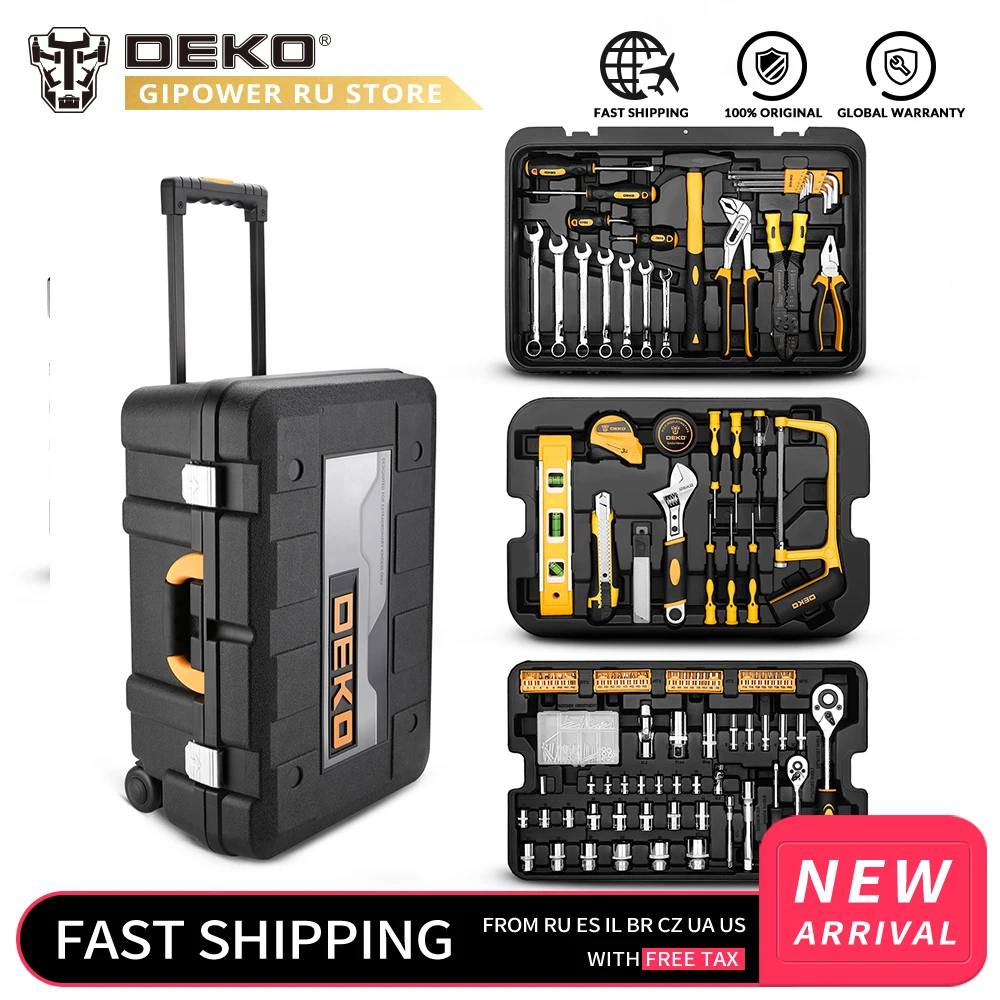DEKO-Caja rodante para herramientas, kit de herramientas de mano, llave de tubo métrica, llave inglesa, destornillador, cuchillo, 258 piezas