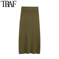 traf women chic fashion office wear knitted midi pencil skirt vintage high elastic waist back vent female skirts mujer
