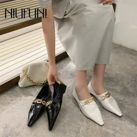 niufuni 2021 pumps pointed metal buckle flat shoes women shoes slip on black white soft leather dress boat shoes casual sandals
