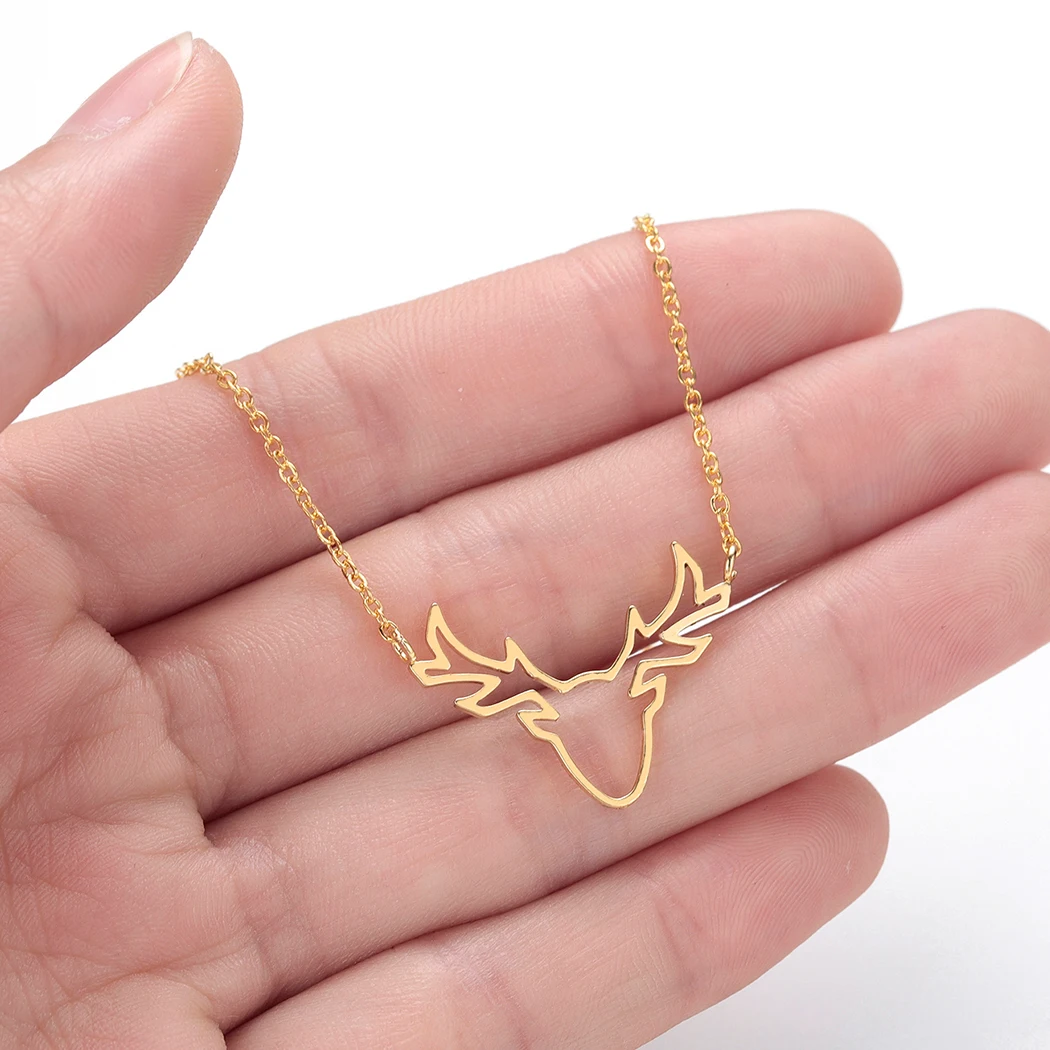 Kinitial Stainless Steel Elk Deer Antlers Pendant Necklace Female Gold Chain Choker Gift for Women Girl Christmas Jewelry | Украшения и