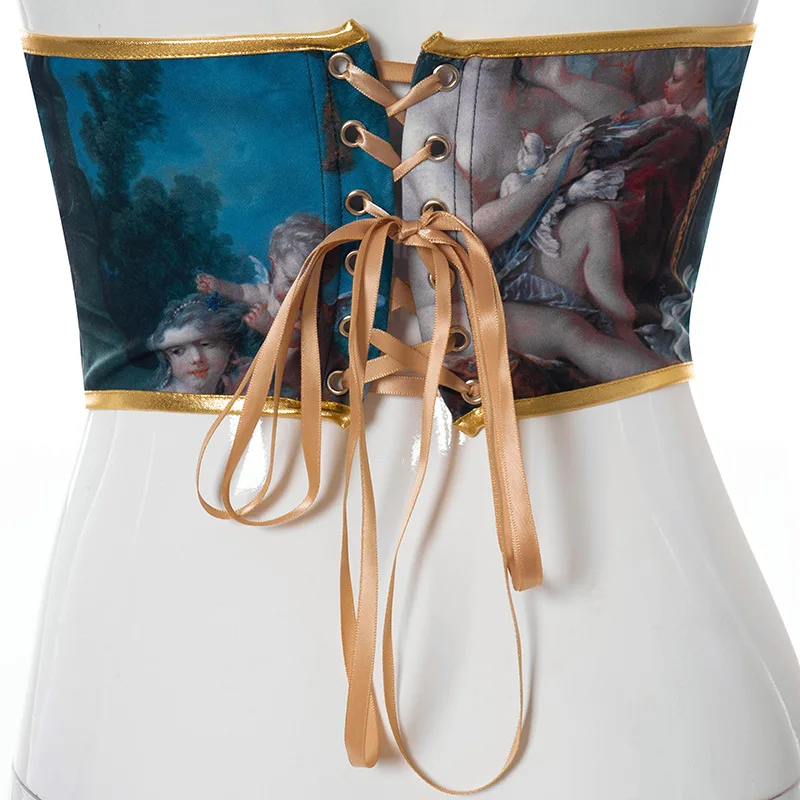 

Summer Women Dress Wild Outer Corset Streetwears Robe Outfits European Palace Vintage Print Patchwork Crown Cummerbund Wide Belt
