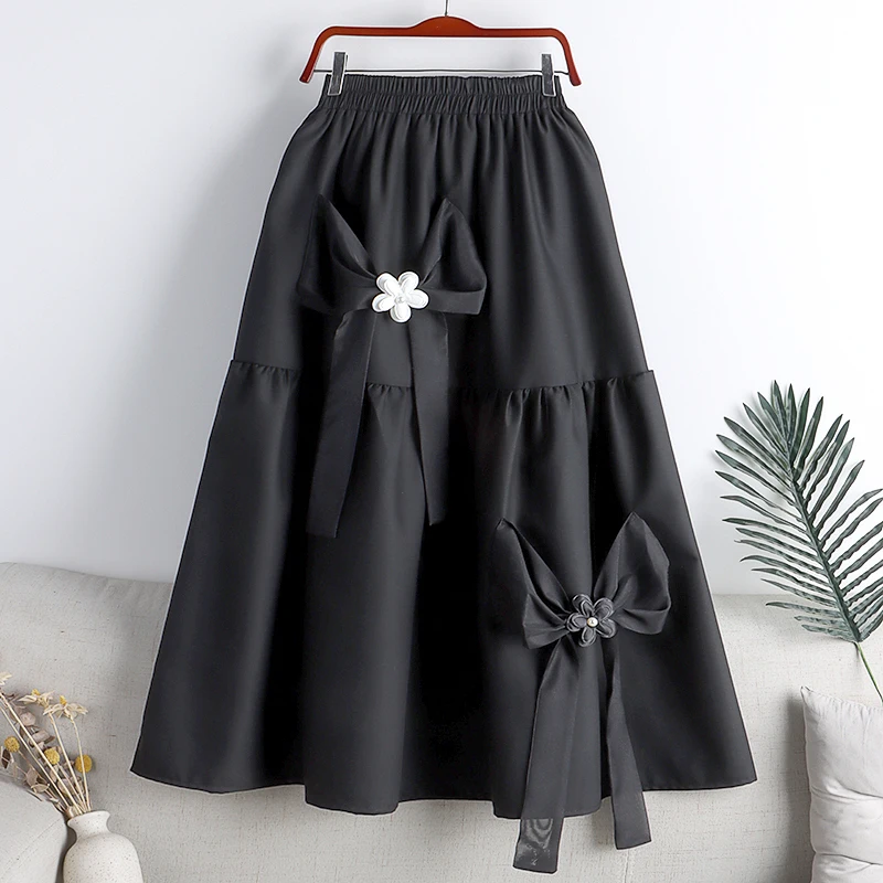 

2022 Spring And Summer New High Waist Slimming Retro Bow Flower Stitching Mid-Length Large Swing A-Line Bust Skirt Female