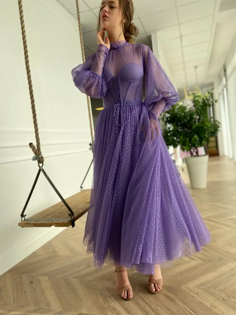 

Lavender Moroccan Prom Dresses A-line High Collar Long Sleeves Ankle Length Tulle Robe De Soiree Prom Gown Evening Dresses