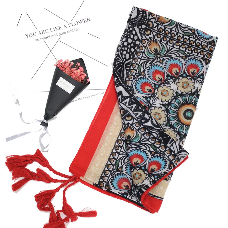 Женский этнический шарф с кисточками большая шаль принтом для путешествий на