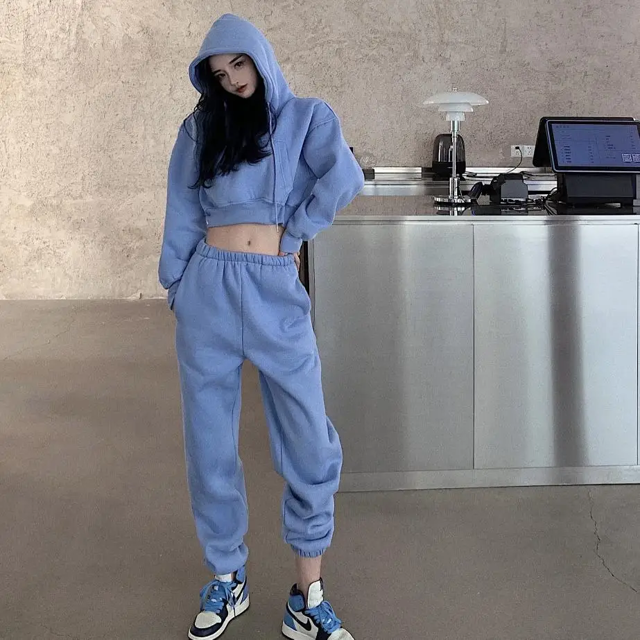 

Winter Women's Outfit Plus Velvet Casual Tracksuit Female Short Pocket Hooded Sweater High Waist Loose Pant Suit Two-Piece Sets