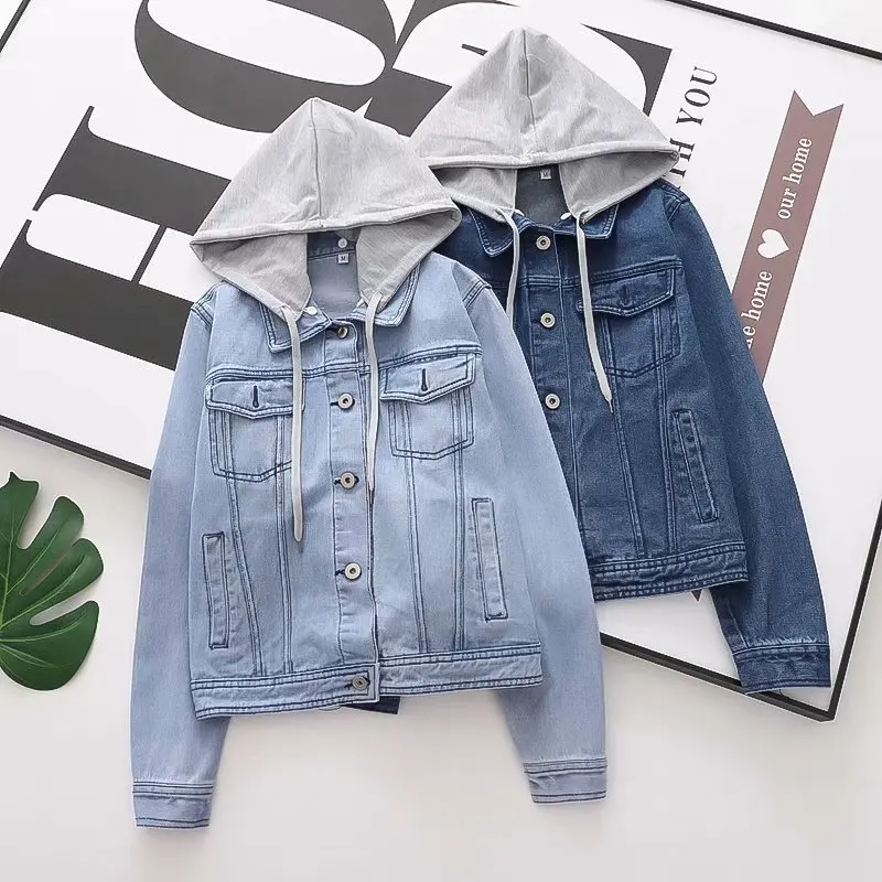 

2021 Fast Delivery New Autumn Fashion Women’s Denim Jacket Coat Hood Full Sleeve Loose Button Short Lapel Wild Leisure Outwear