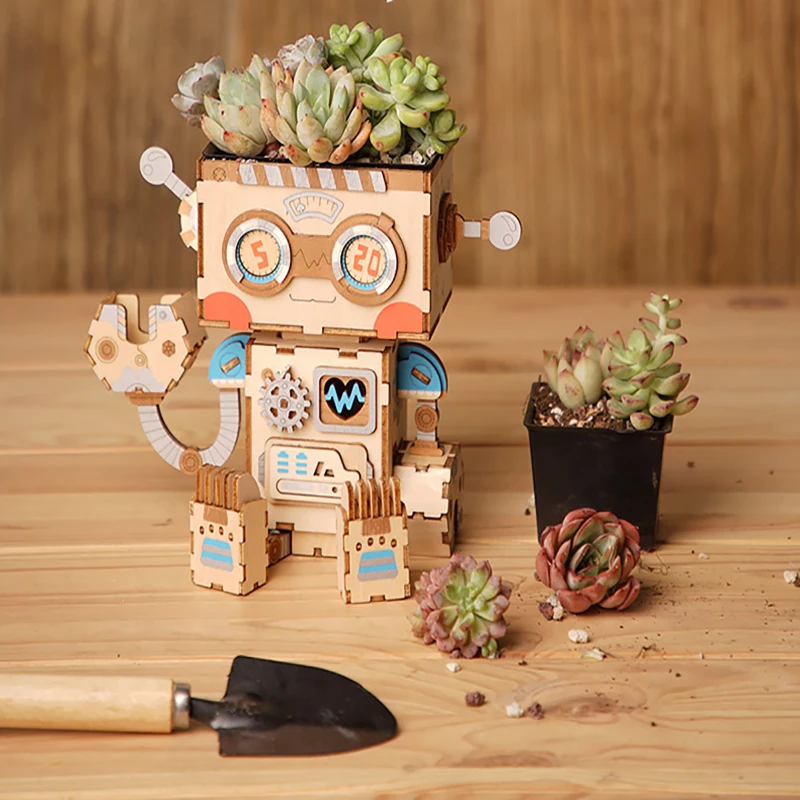 

5 Types Cute Animal Robot Flower Pot Children Adult Creative 3D Wooden Puzzle Game Models & Building Kits Toy FT