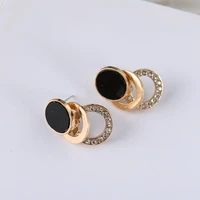 black round stud earrings for women three layer golden rhinestone inlaid geometric ear studs punk fashion girls jewelry gifts
