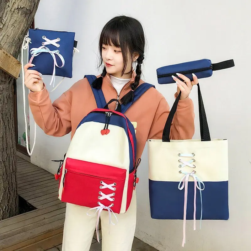 Холщовые школьные ранцы для девочек-подростков, комплект из 4 предметов, сумки на плечо для женщин, Модный женский рюкзак
