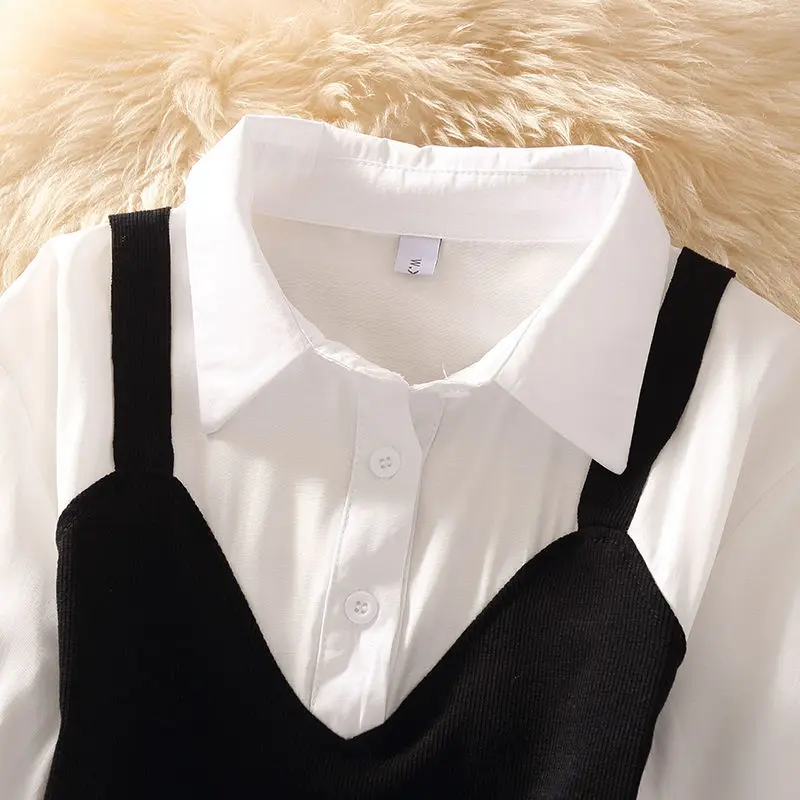 

2021Spring and Autumn New Blouse Shirt Design Sense Niche All-match Scheming Western Trend Blouse Fake Two Ladies Shirts C1