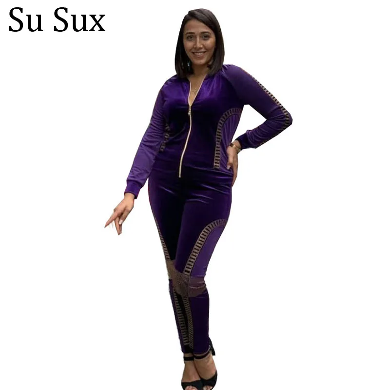 

Velvet Tracksuit Sequins 2 Piece Set Women Plus Size Suit Long Sleeve Zipper Top and Pencil Pants Sets Vestidos Female 2021