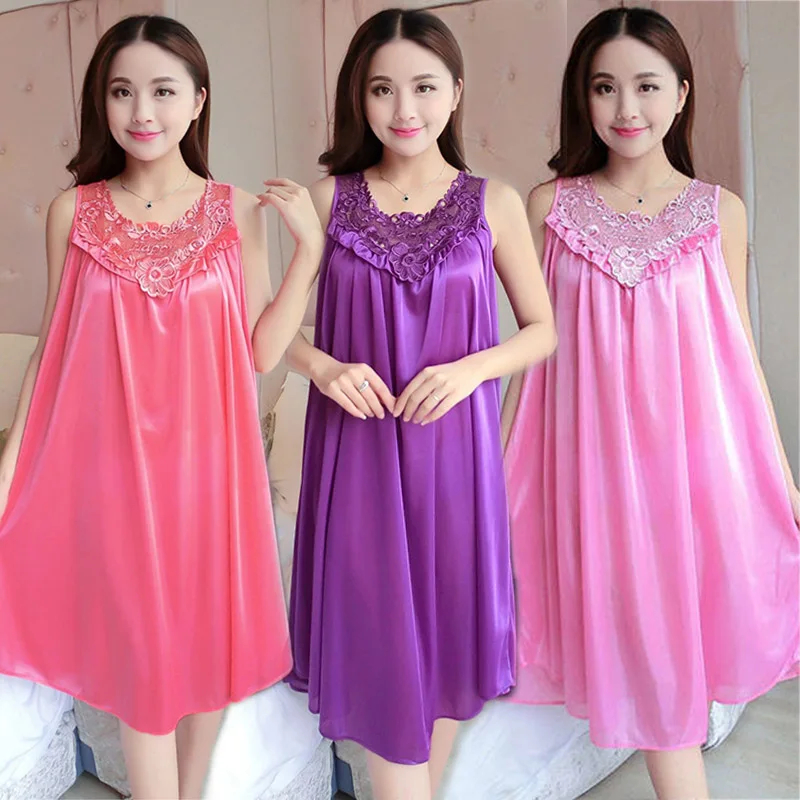 

Womens Lace Patchwork Ice Silk Satin Night Dress Smooth Nightwear Sexy Sleepwear Summer Sleeveless Nightgown Vestidos