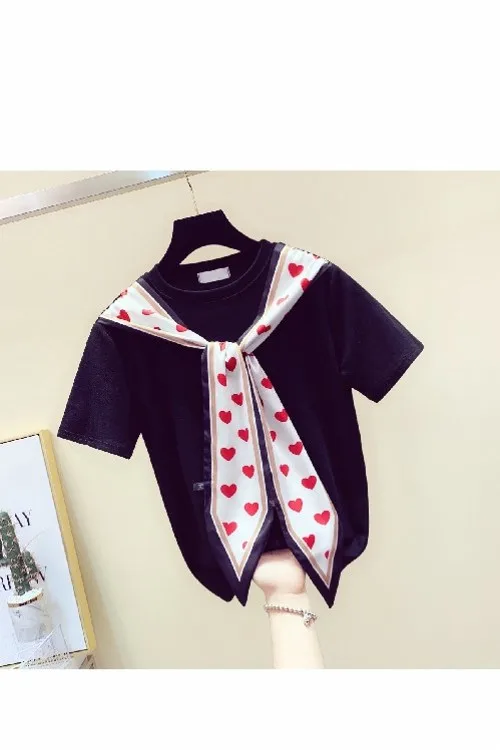 

Silk Scarves Stitching Lace-up Cotton Short Sleeve T-shirt Women 2020 Spring Summer New Loose T-shirt Female Tshirt Top