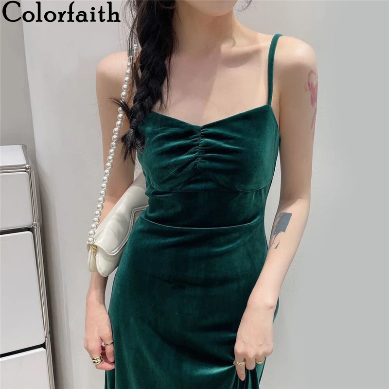 

Colorfaith Новинка 2021, женские весенне-осенние платья без рукавов, винтажные бархатные сексуальные элегантные женские винтажные базовые Длинны...