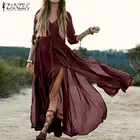 Платье ZANZEA женское пляжное в богемном стиле, длинный сарафан с рукавом до локтя и разрезом, повседневный однотонный длинный сарафан на пуговицах, лето