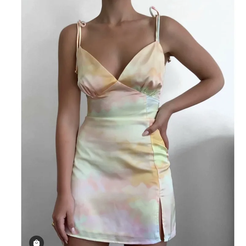 

Women Chic Candy Color Satin Bright Sexy Strapless Soft Camisole Dress Backless Tie Dye Spilt Casual Beach Vestidos 2021 Summer