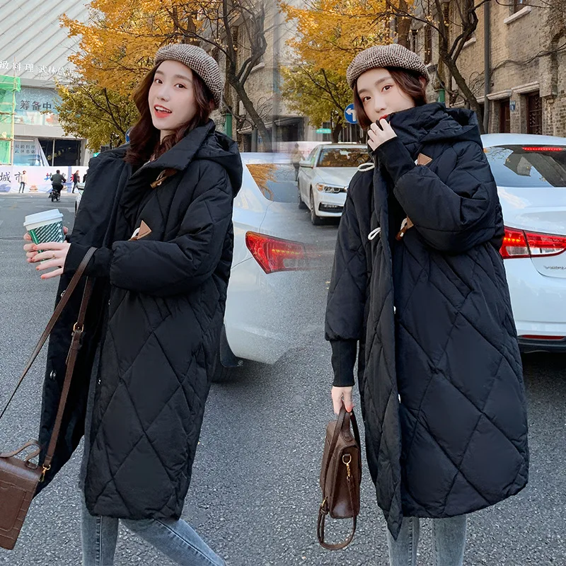 

Lovely Lingge ox horn button women's cotton padded clothes Korean version loose long hooded coat winter warm thickened jacket