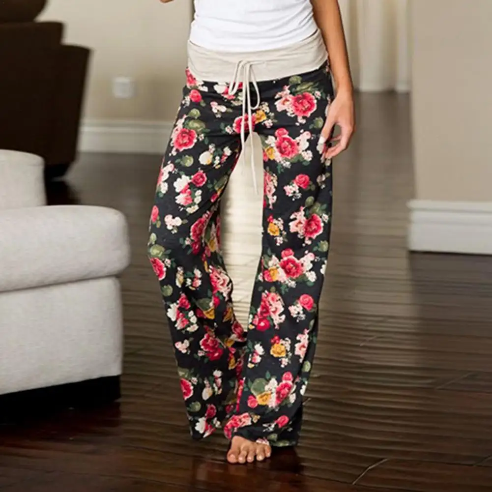 Womens Casual Yoga Pants Drawstring Wide Leg Stretch Lounge Pants Floral Prints Drawstring Pants Loose Oversized Leggins