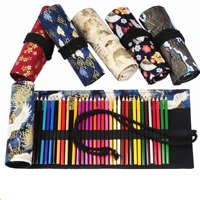 kawaii 60 holes pencil case canvas brush pen wrap roll make up storage stationery fountain pen supplies school for grils boys