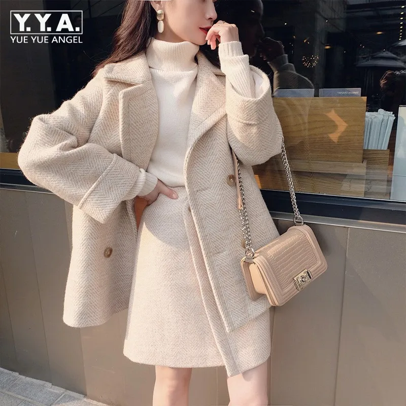 Женский шерстяной комплект из двух предметов двубортный пиджак и мини юбка