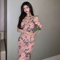 womengaga womens 2021 new pink slim long dress floral dresses elegant lace mesh tank dresses high waist girl female n8nh
