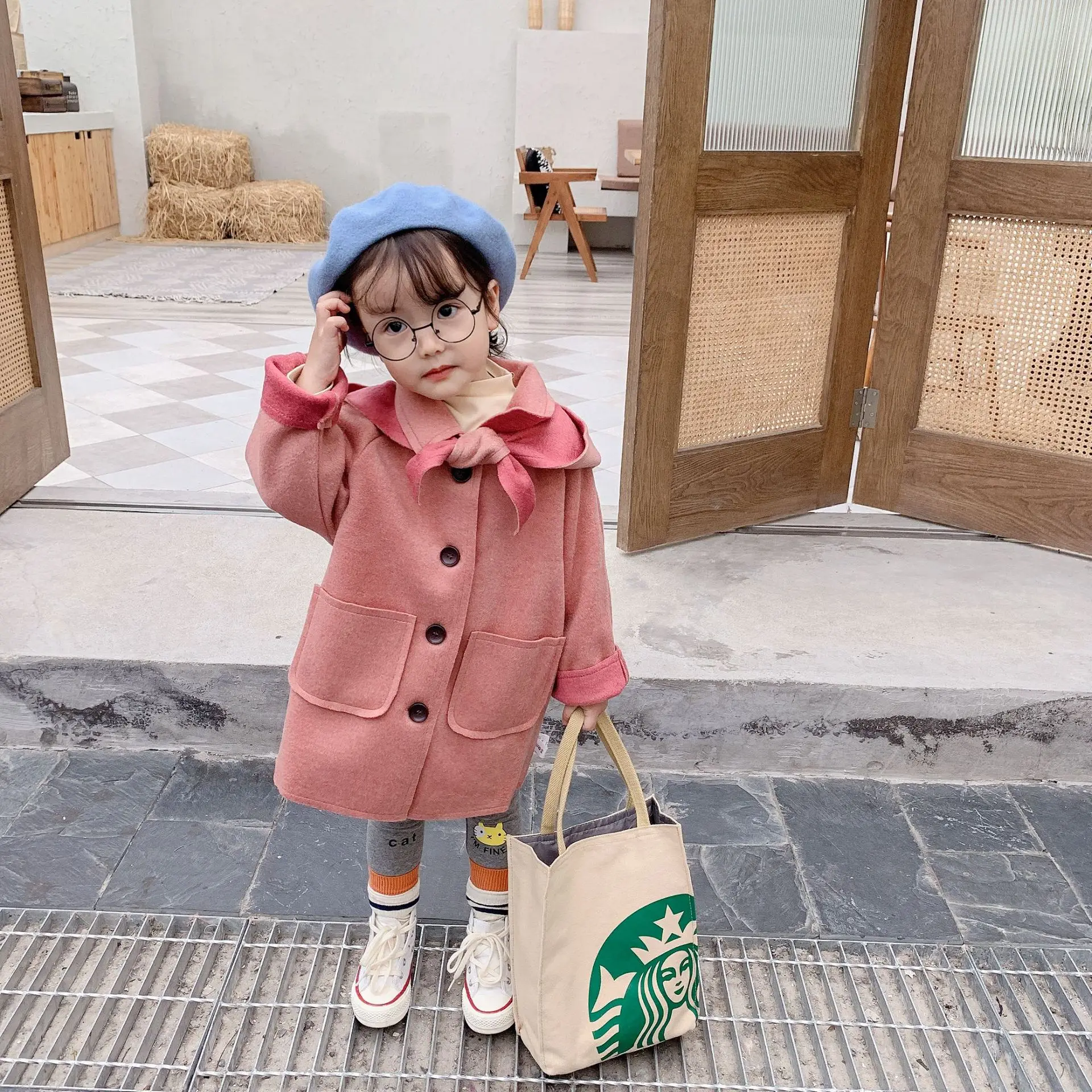Осенне-зимнее модное однобортное шерстяное пальто для девочек с съемной крышкой