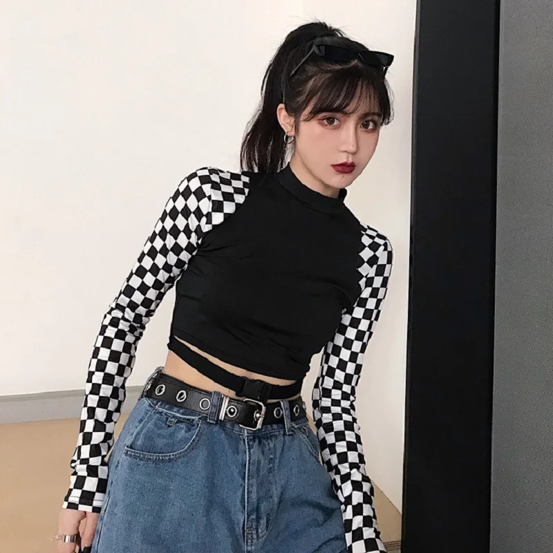 

Autumn Harajuku new female hip hop Slim long sleeve plaid sexy short paragraph top casual stitching Turtleneck Ulzzang T-shirt