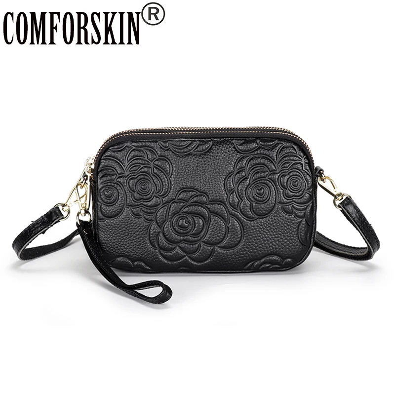 

COMFORSKIN Genuine Leather Women Messenger Bag Embossing Flower Small Shoulder Bag Three Zipper Lining Cross-body Bag For Women