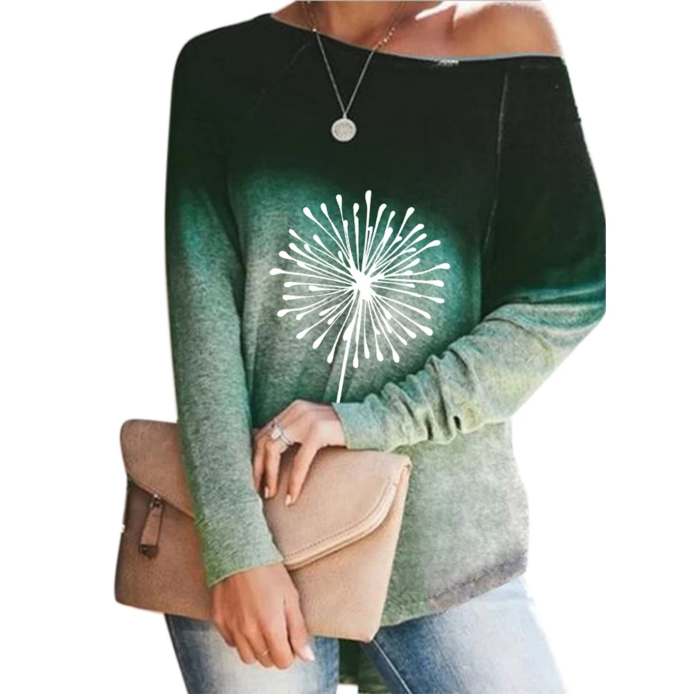 

Autumn Gradient Women T-Shirts Dandelion Print Long Sleeve Casual Tops Oversize Round Neck Soft Ladies Tshirts