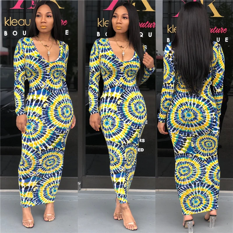 Женское повседневное модное осеннее платье макси с цифровым принтом облегающее