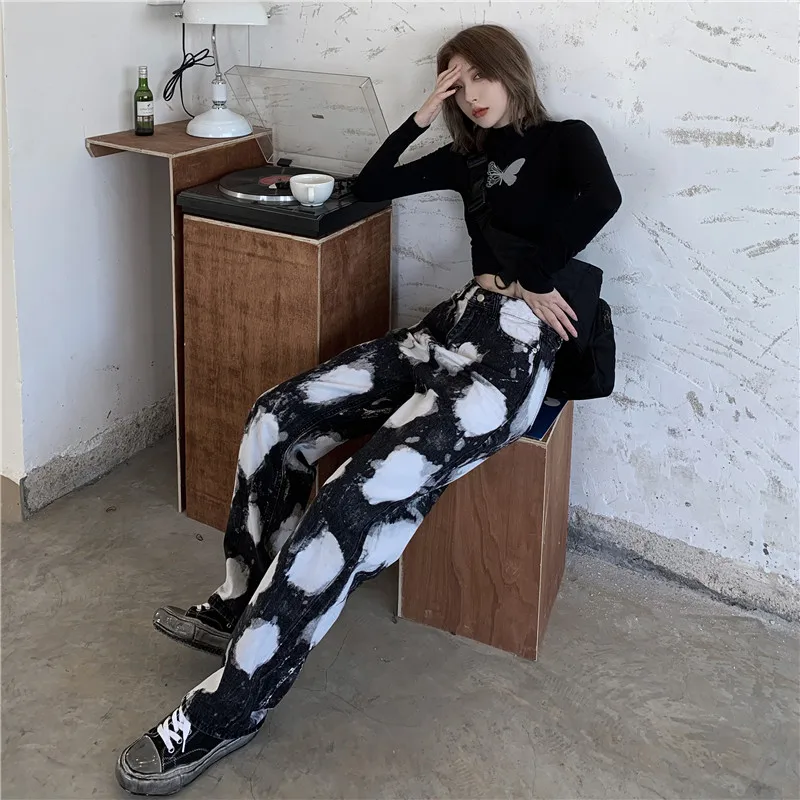 

Harajuku Style Street Women'S Jeans Retro Tie-Dye Printing Loose Large Size High Waist Jeans Straight Wide Leg Pants Trend