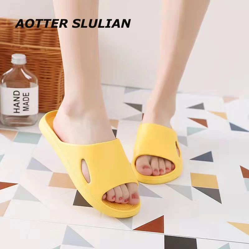 

Home Slippers Women Summer Outing Thick Soled Slipper Men Non-slip Sandal Bathroom Soft Bottom Couple Slip Toe Shoes Solid Color