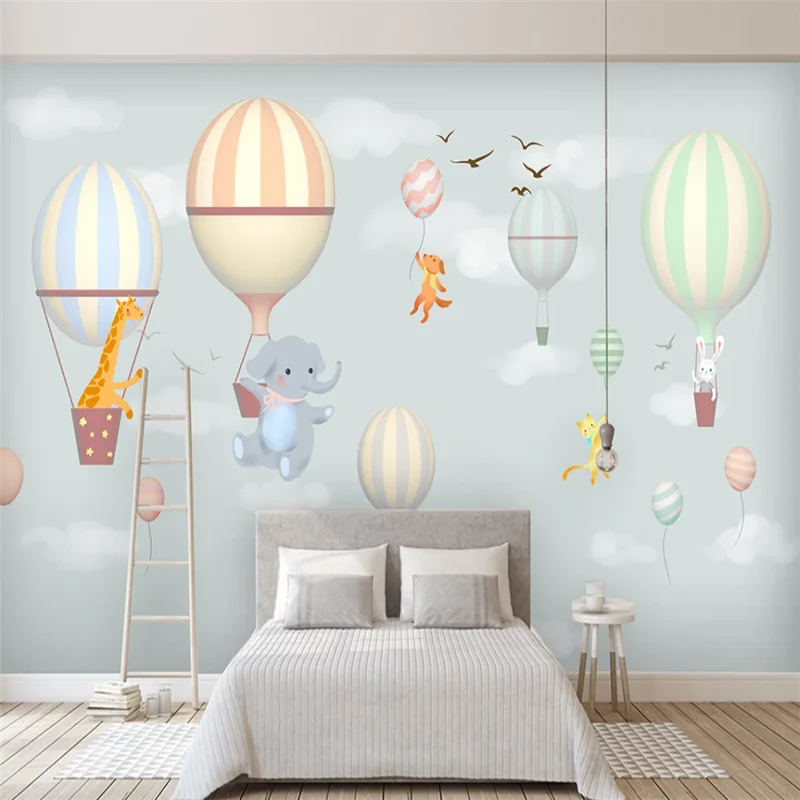 

Custom Mural Wallpaper Hot Air Balloon Elephant Bunny Hand-Painted Snowflake Cartoon Children's Room Background Wall Painting