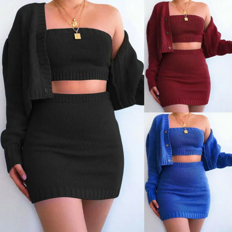 Женский трикотажный офисный комплект из двух предметов однотонный кардиган с