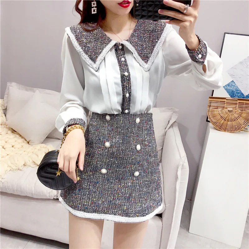 2019 осенний Элегантный женский комплект из 2 предметов твидовая Лоскутная