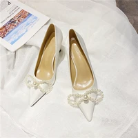 hot womens pearl bow pumps light mouthed high heels female light mouthed white high heeled single shoes