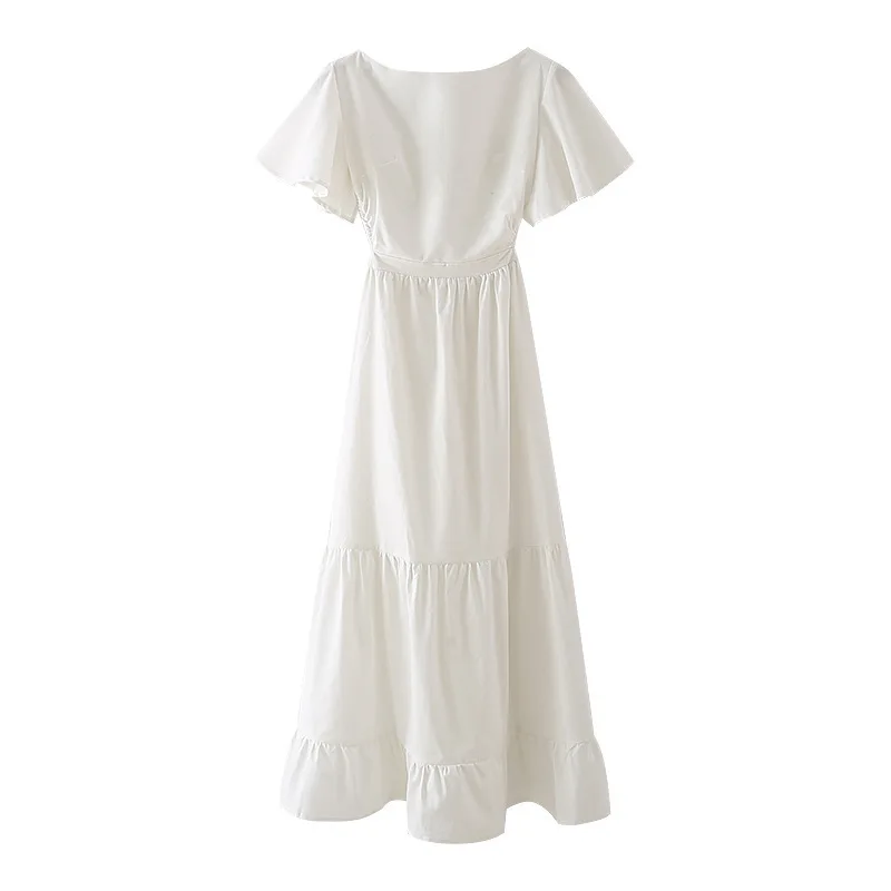 

DOUJILI 2021 Women Summer White Dress Backless Solid Color New Style Short Sleeve Elegant Long Dress For Ladies Midi Dress