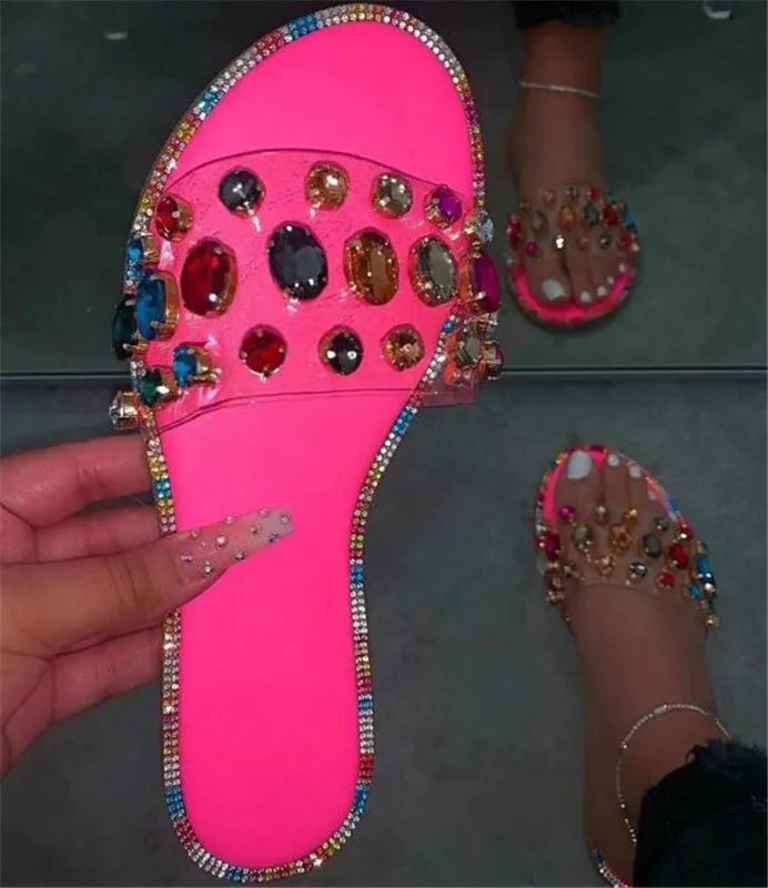 

Neon Rosy Snake Pattern Gem PVC Slippers Women Outdoor Candy-colored Beach Sandals Summer New Ladies Bright Rhinestones Slides