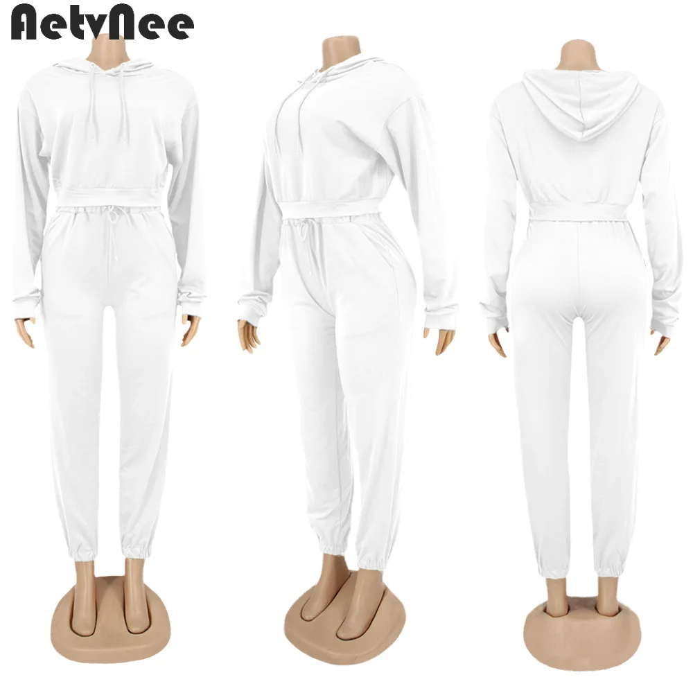 

AetvNee Solid 2 Two Piece Set Women 2021 Autumn Hoodie Pockets Drawstring Sweatpants Sets Lady Fitness Streetwear Casual Outfits
