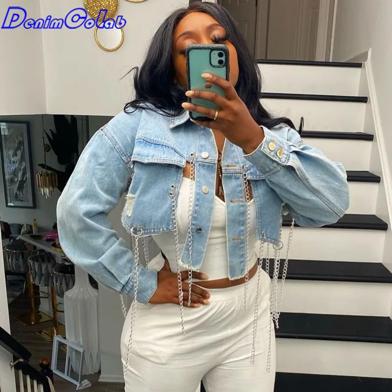 

DenimColab 2021 Autumn Irregular Short Denim Jacket Women Fashion Chain Full Sleeve Female Hollow Out Night Club Jacket Coat
