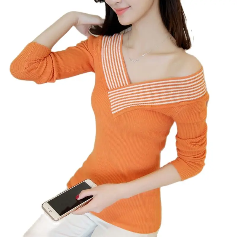 Женский Короткий трикотажный свитер в полоску тонкое пальто с V-образным вырезом