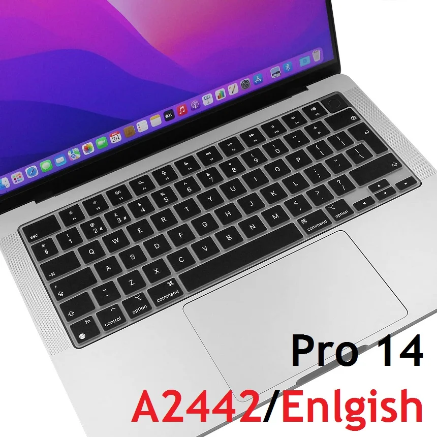 Чехол для ноутбука Macbook Pro 14 в 2021 черный с английской раскладкой чипом M1 A2442