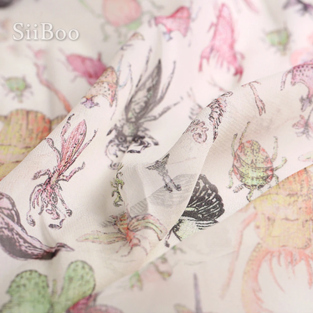 Модельная рубашка из 100% натурального шелка и шифона с милым принтом насекомых 8