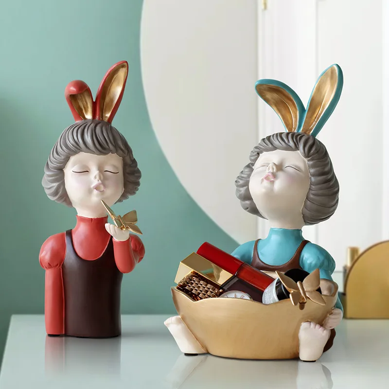 

Creative Resin Rabbit Girls Sculpture Ornaments Sweet Girl Storage Box Home Decoration Accessories Desktop Statue Wedding Gifts
