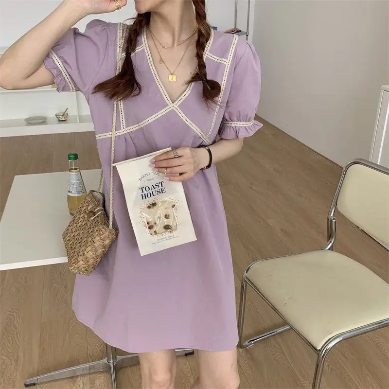 

Short Petal Sleeve Dress Female Casual Retro Fashion Simple Spliced Korean Style All-match Elegant Summer Streetwear Sweet Cute